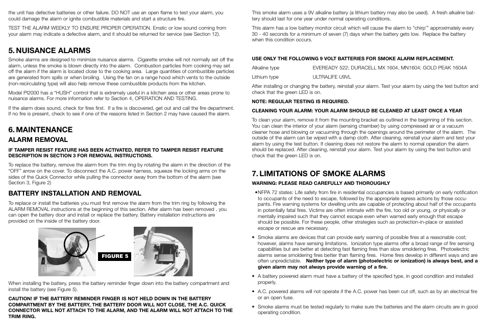 Nuisance alarms, Maintenance, Limitations of smoke alarms | Kidde PI 2000 User Manual | Page 5 / 7