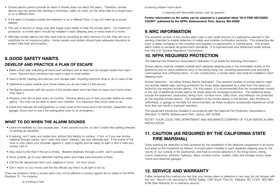 Good safety habits, Nrc information, Nfpa required protection | Service and warranty | Kidde PI 2000 User Manual | Page 6 / 7