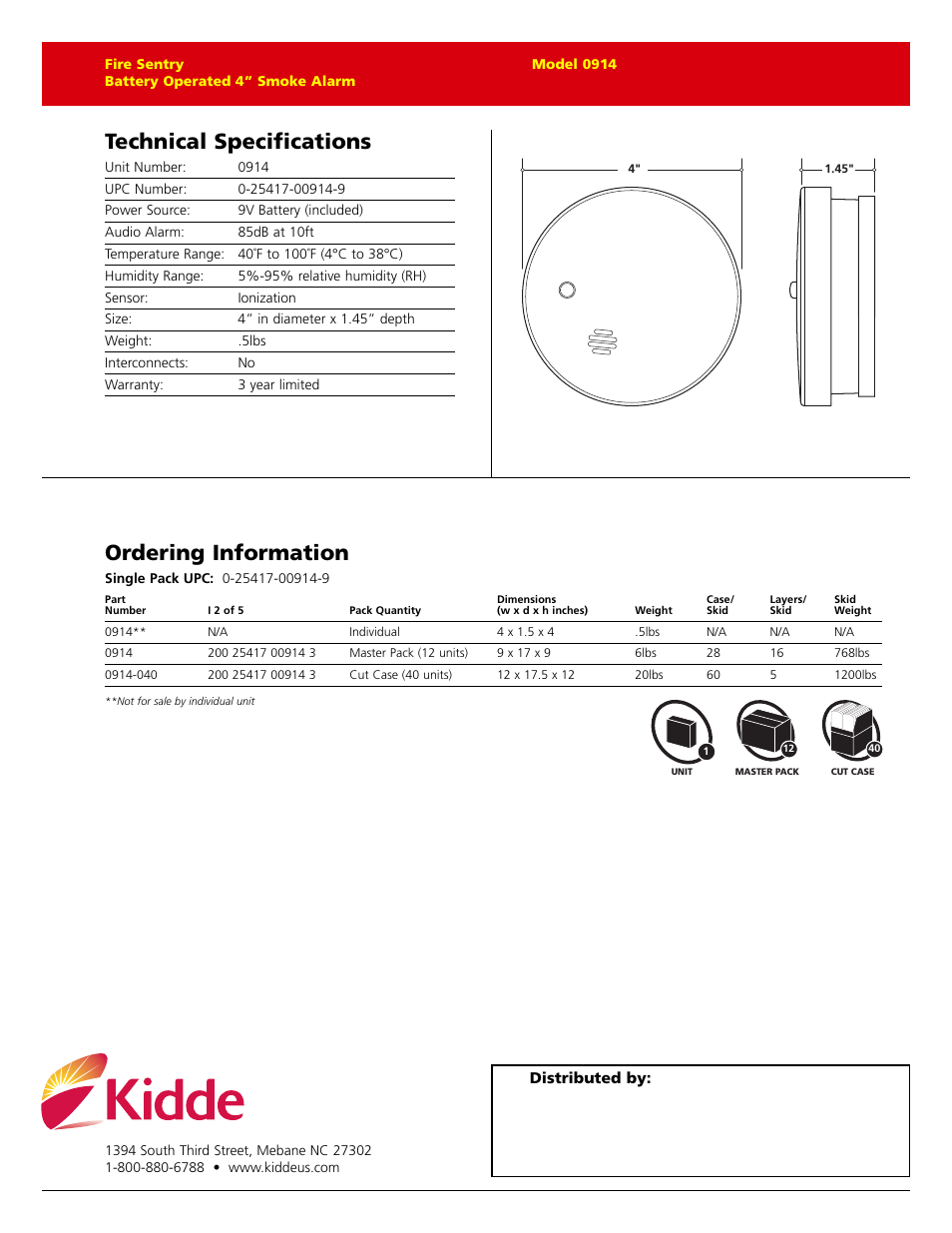 Technical specifications, Ordering information | Kidde 914 User Manual | Page 2 / 2