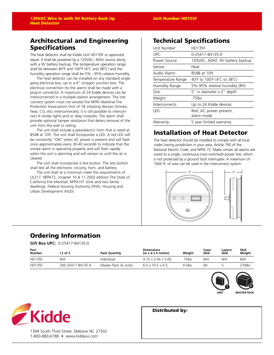 Architectural and engineering specifications, Installation of heat detector, Technical specifications | Ordering information | Kidde HD135F User Manual | Page 2 / 2