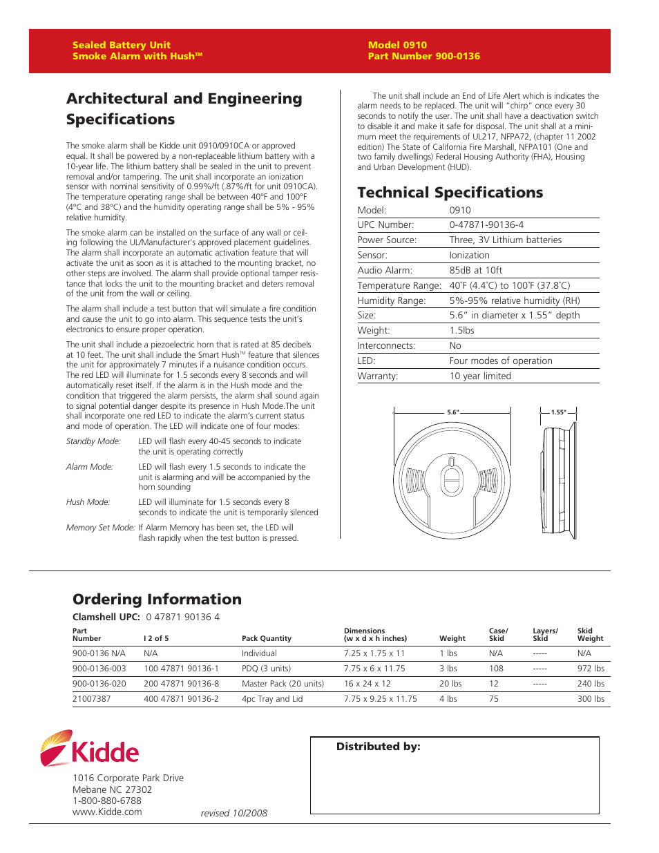 Architectural and engineering specifications, Technical specifications, Ordering information | Kidde 0910 User Manual | Page 2 / 2