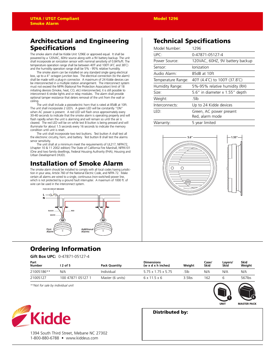 Architectural and engineering specifications, Technical specifications, Installation of smoke alarm | Ordering information | Kidde 1296 User Manual | Page 2 / 2