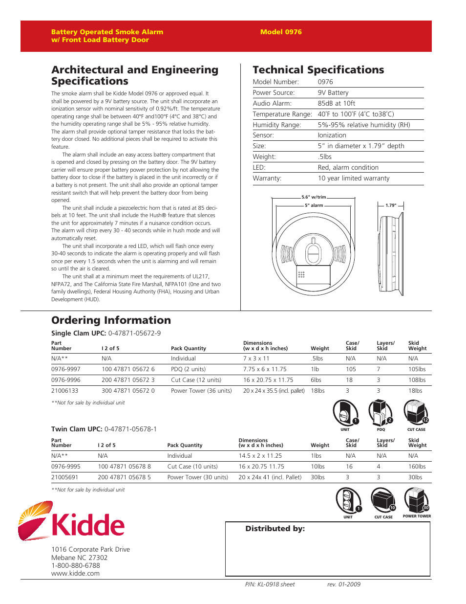 Architectural and engineering specifications, Technical specifications, Ordering information | Distributed by | Kidde 976 User Manual | Page 2 / 2