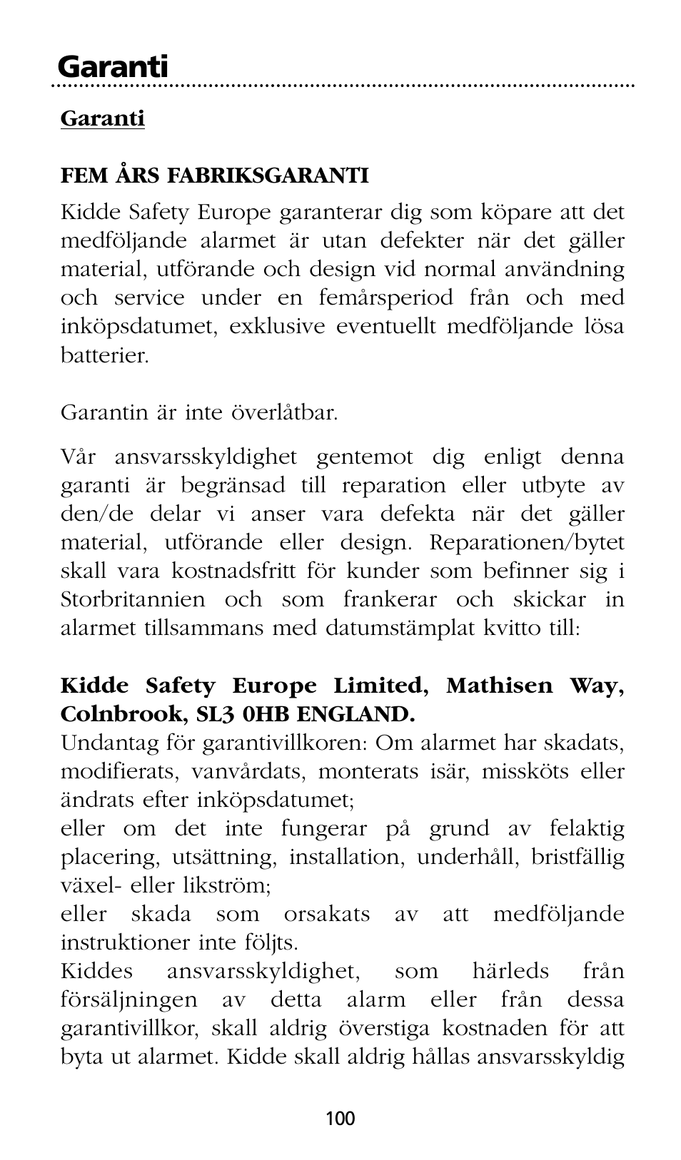 Garanti | Kidde SMOKE AND CARBON MONOXIDE ALARM User Manual | Page 100 / 106