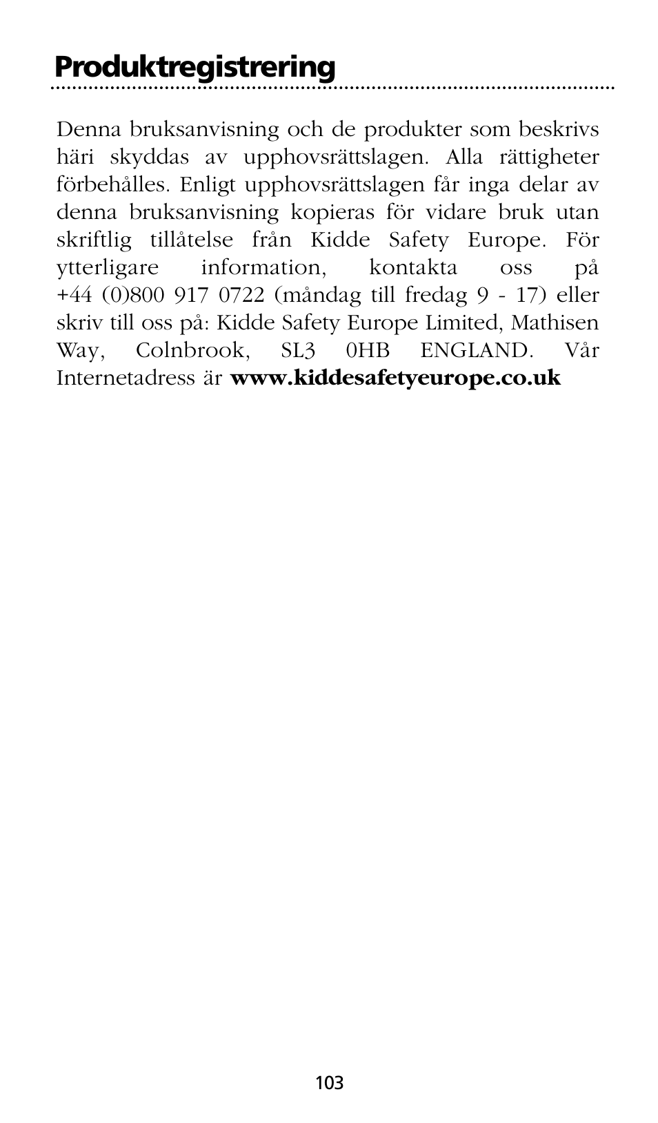 Produktregistrering | Kidde SMOKE AND CARBON MONOXIDE ALARM User Manual | Page 103 / 106