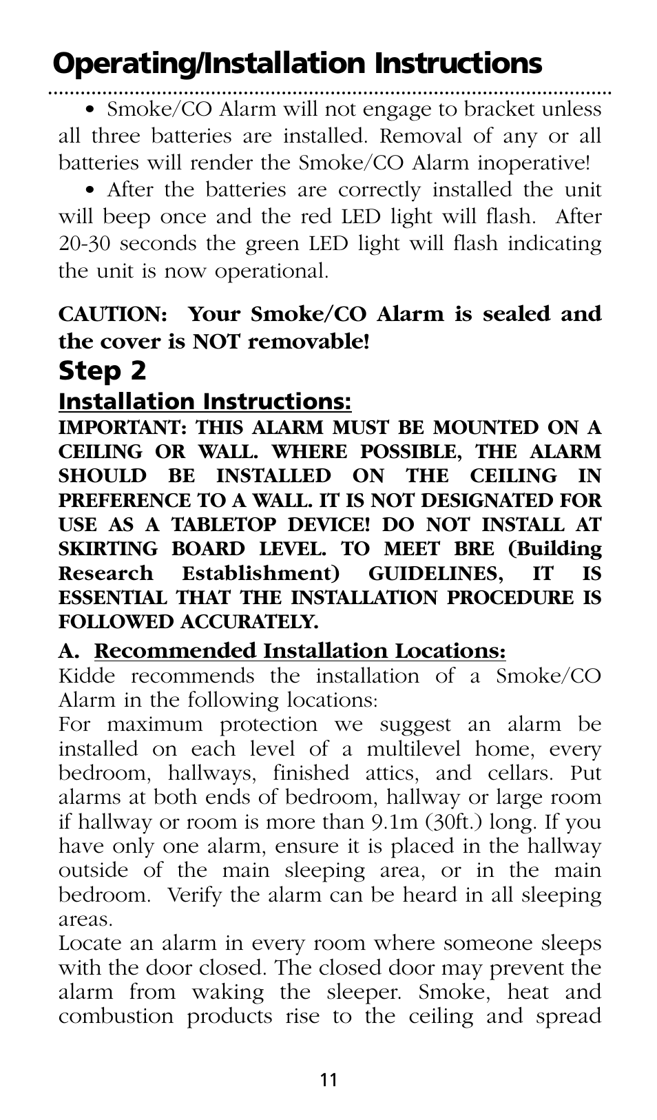 Operating/installation instructions, Step 2 | Kidde SMOKE AND CARBON MONOXIDE ALARM User Manual | Page 11 / 106