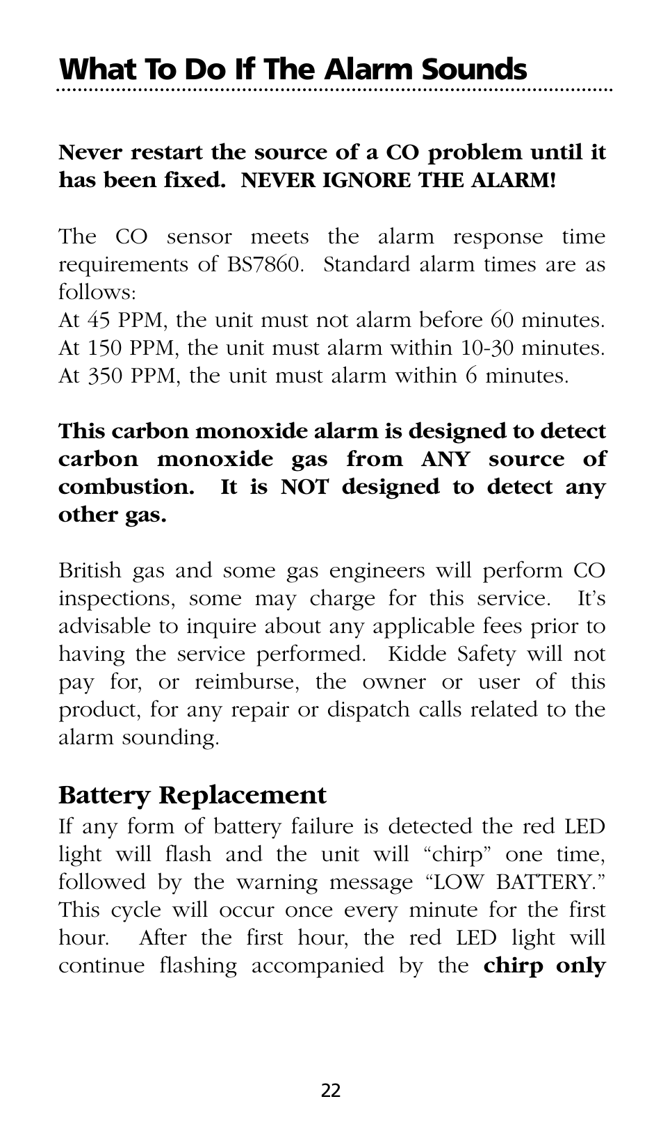 What to do if the alarm sounds, Battery replacement | Kidde SMOKE AND CARBON MONOXIDE ALARM User Manual | Page 22 / 106