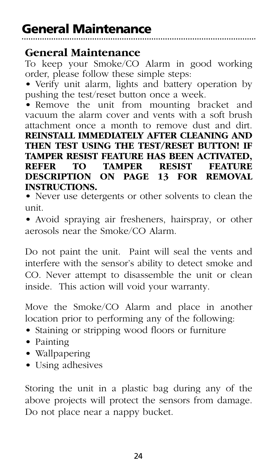 General maintenance | Kidde SMOKE AND CARBON MONOXIDE ALARM User Manual | Page 24 / 106