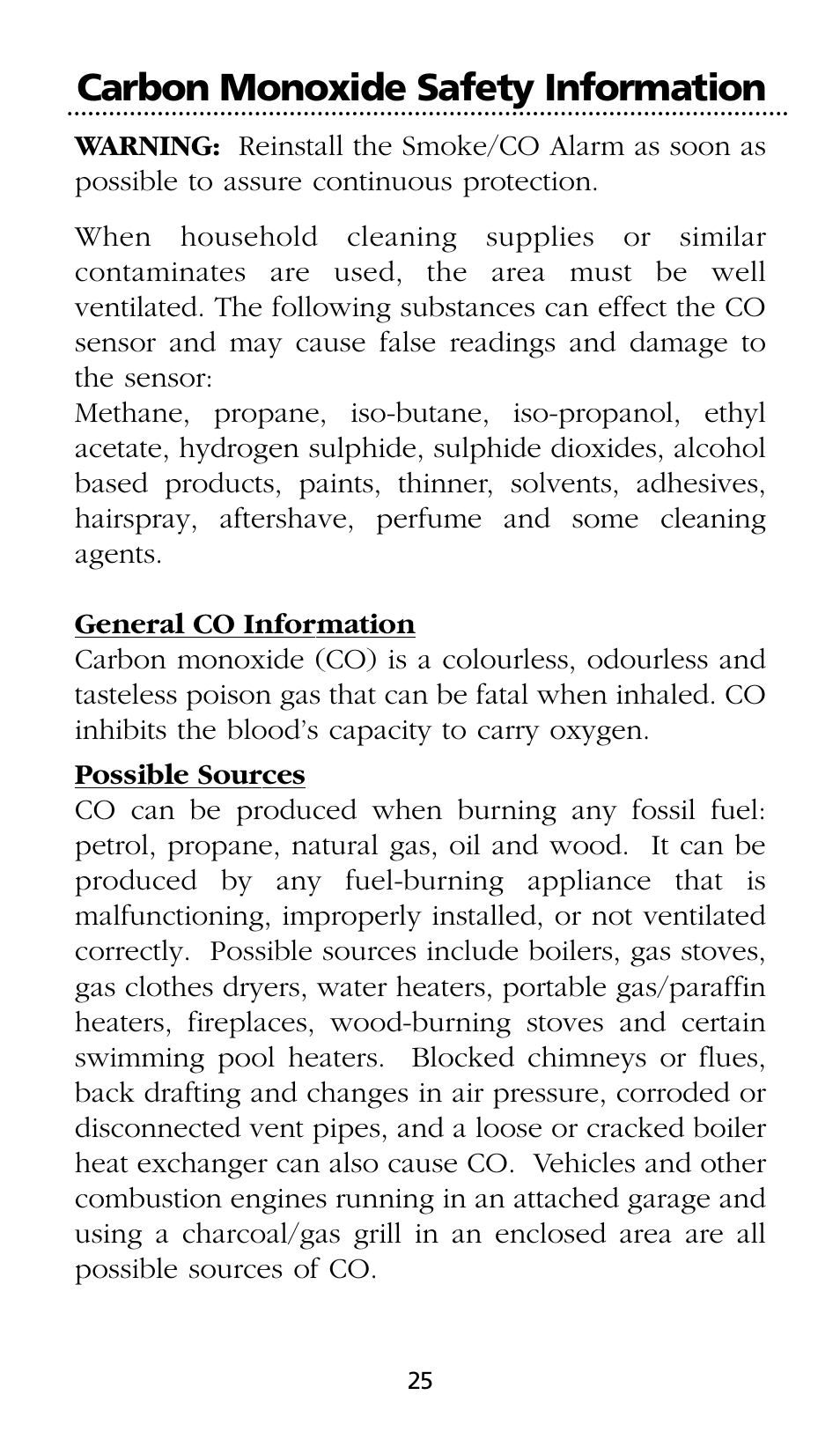 Carbon monoxide safety information | Kidde SMOKE AND CARBON MONOXIDE ALARM User Manual | Page 25 / 106