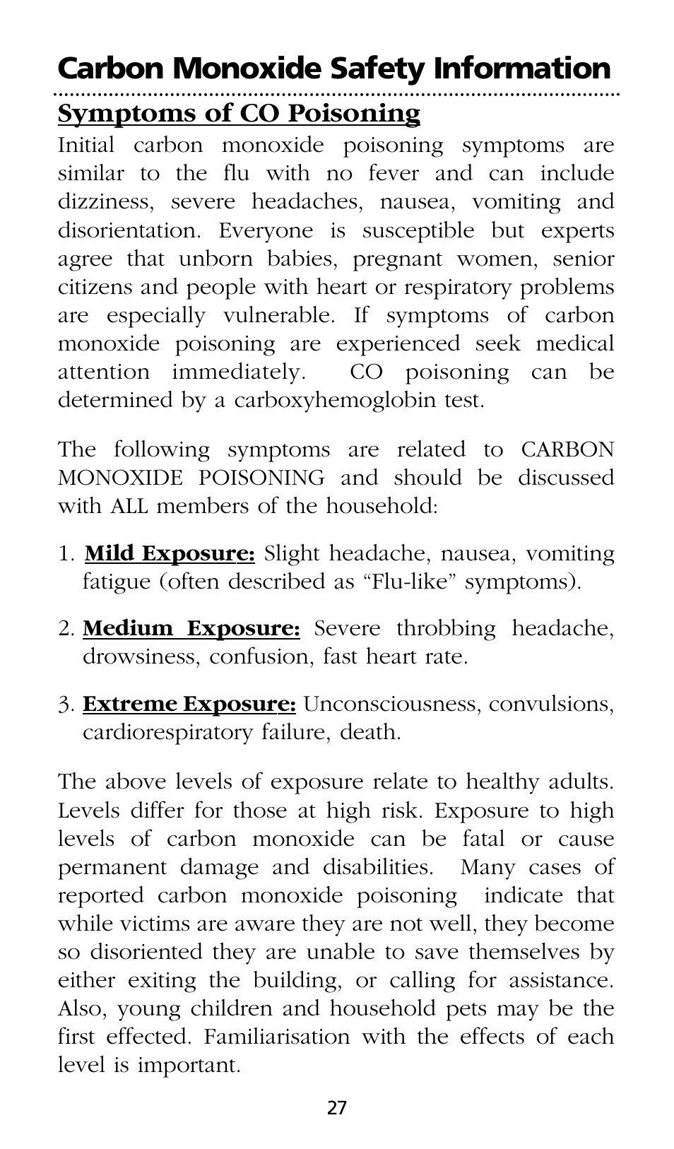 Carbon monoxide safety information, Symptoms of co poisoning | Kidde SMOKE AND CARBON MONOXIDE ALARM User Manual | Page 27 / 106