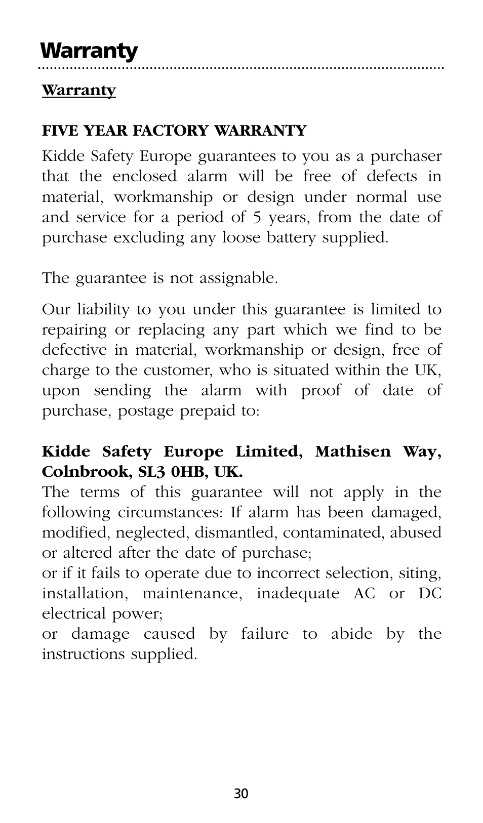 Warranty | Kidde SMOKE AND CARBON MONOXIDE ALARM User Manual | Page 30 / 106