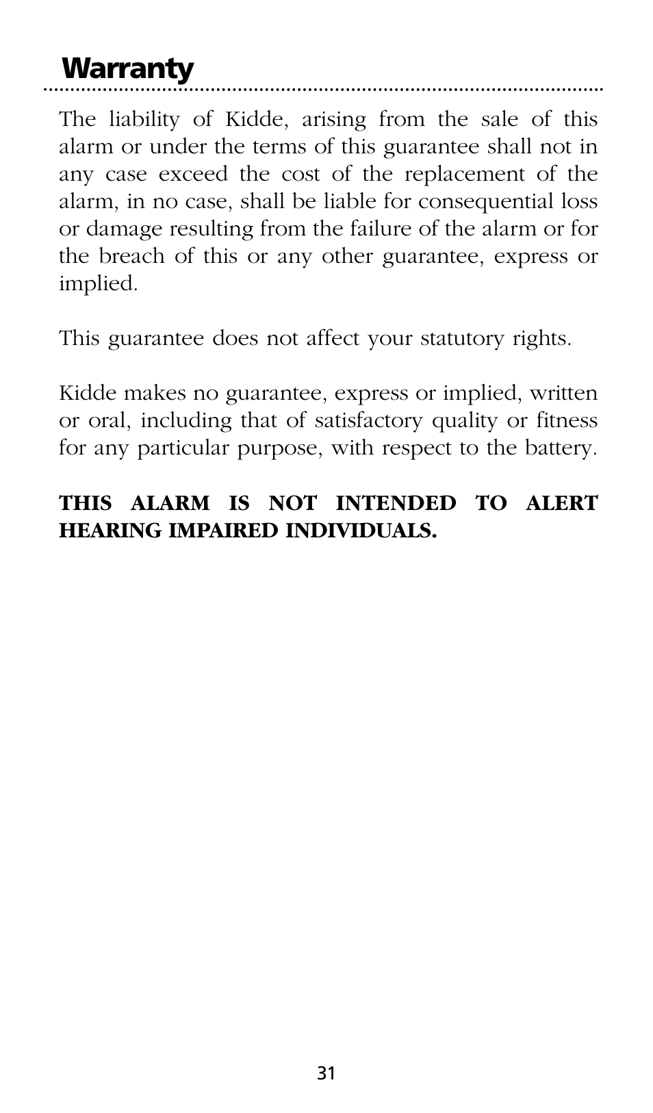 Warranty | Kidde SMOKE AND CARBON MONOXIDE ALARM User Manual | Page 31 / 106