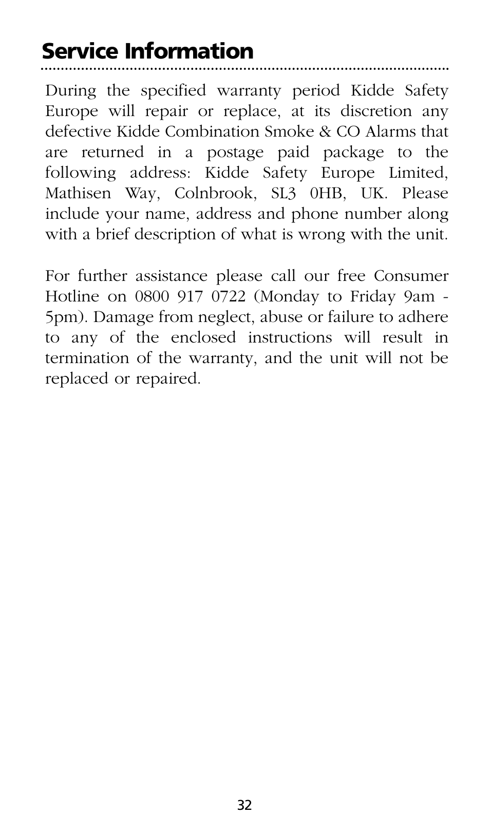 Service information | Kidde SMOKE AND CARBON MONOXIDE ALARM User Manual | Page 32 / 106