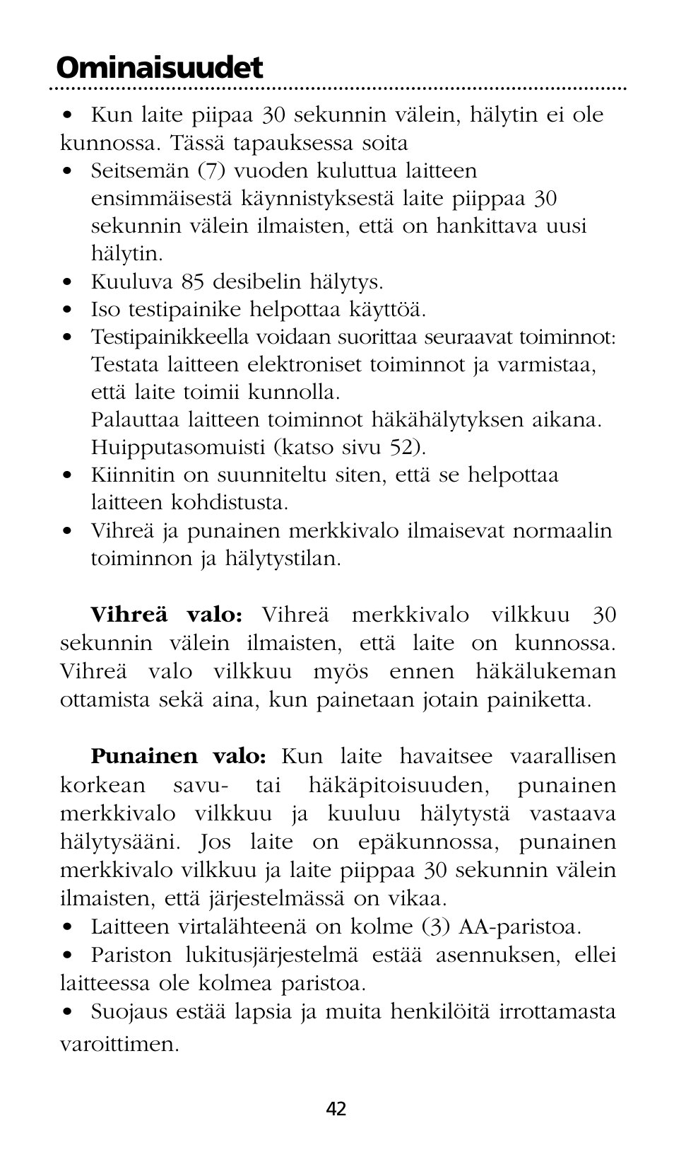 Ominaisuudet | Kidde SMOKE AND CARBON MONOXIDE ALARM User Manual | Page 42 / 106