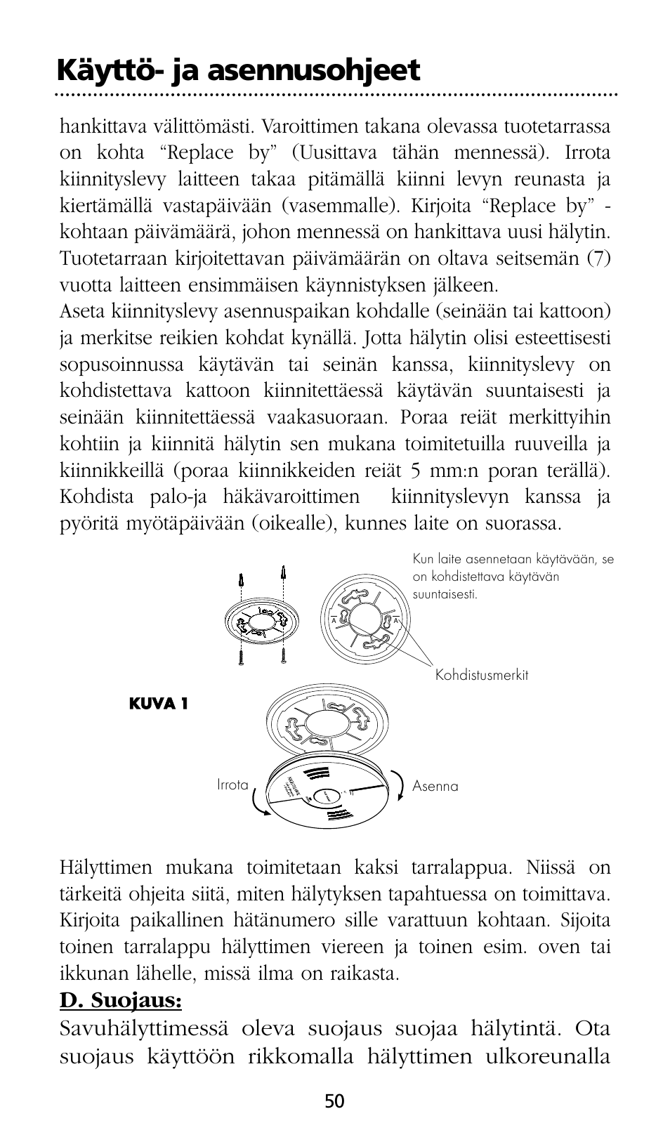 Käyttö- ja asennusohjeet | Kidde SMOKE AND CARBON MONOXIDE ALARM User Manual | Page 50 / 106