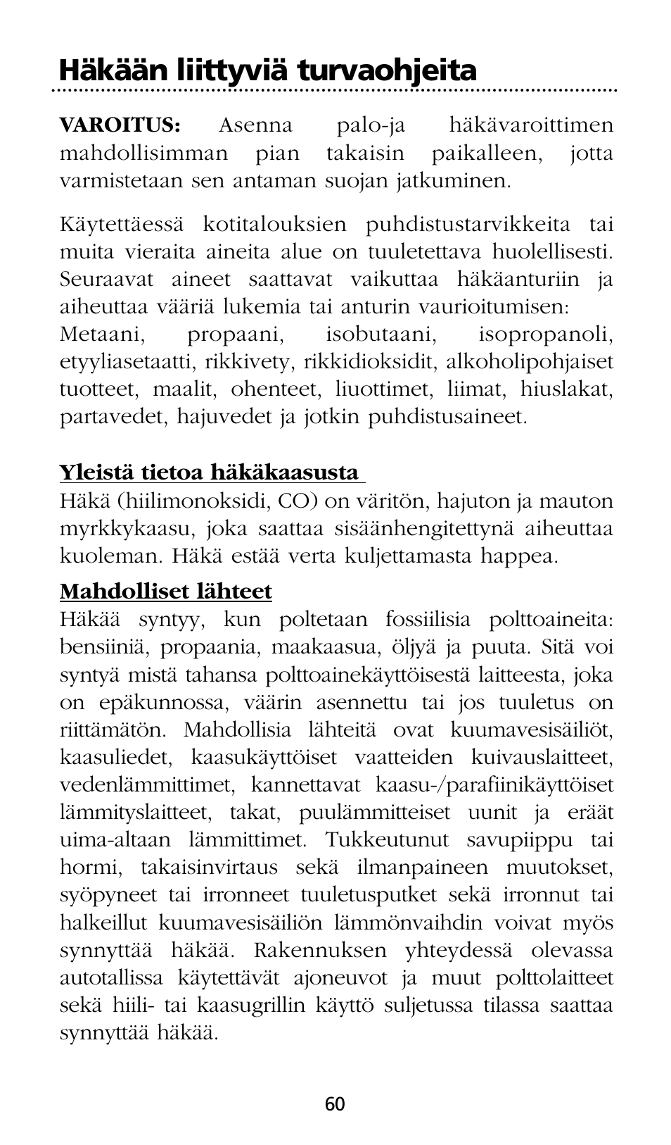 Häkään liittyviä turvaohjeita | Kidde SMOKE AND CARBON MONOXIDE ALARM User Manual | Page 60 / 106