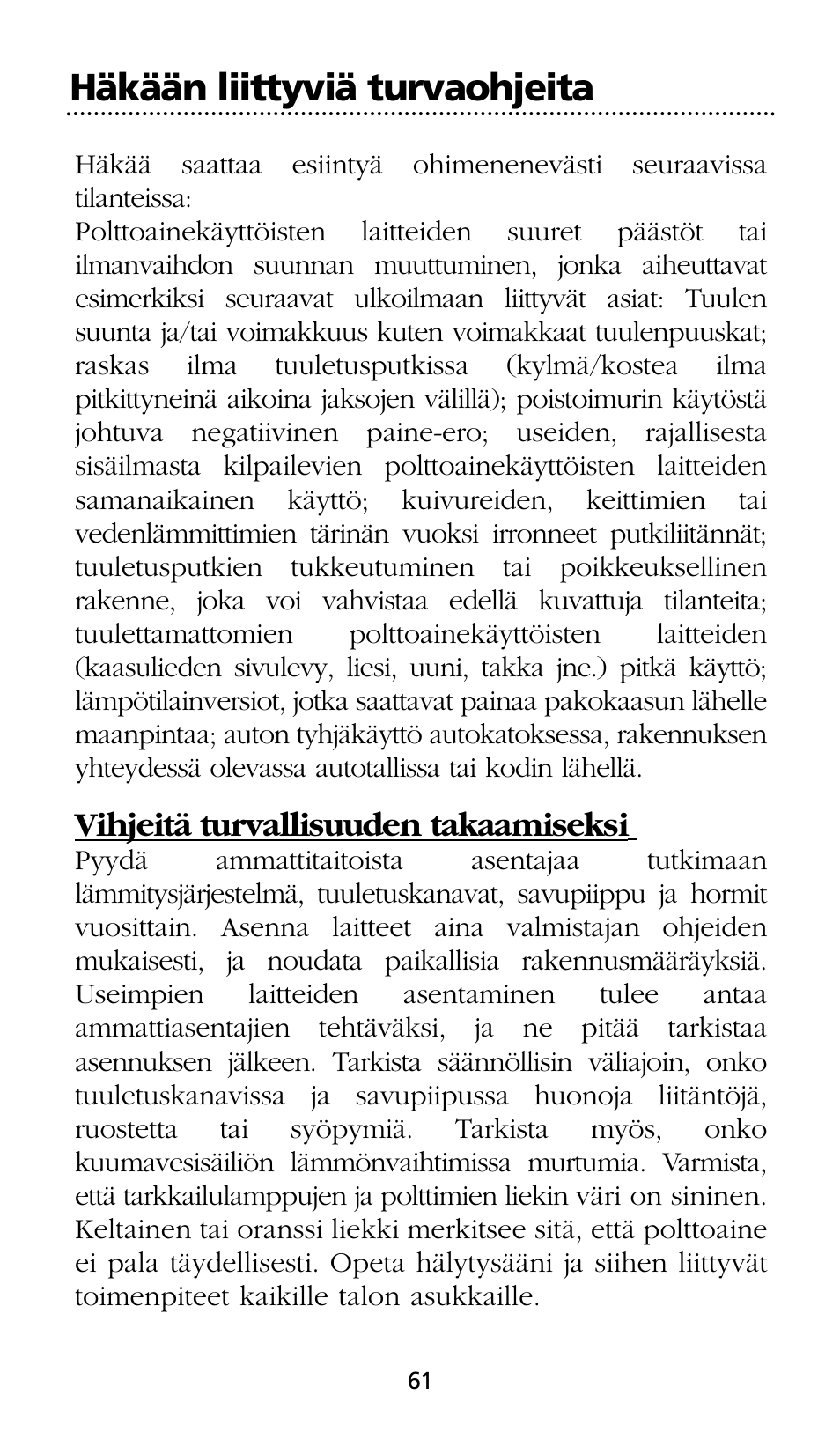 Häkään liittyviä turvaohjeita | Kidde SMOKE AND CARBON MONOXIDE ALARM User Manual | Page 61 / 106
