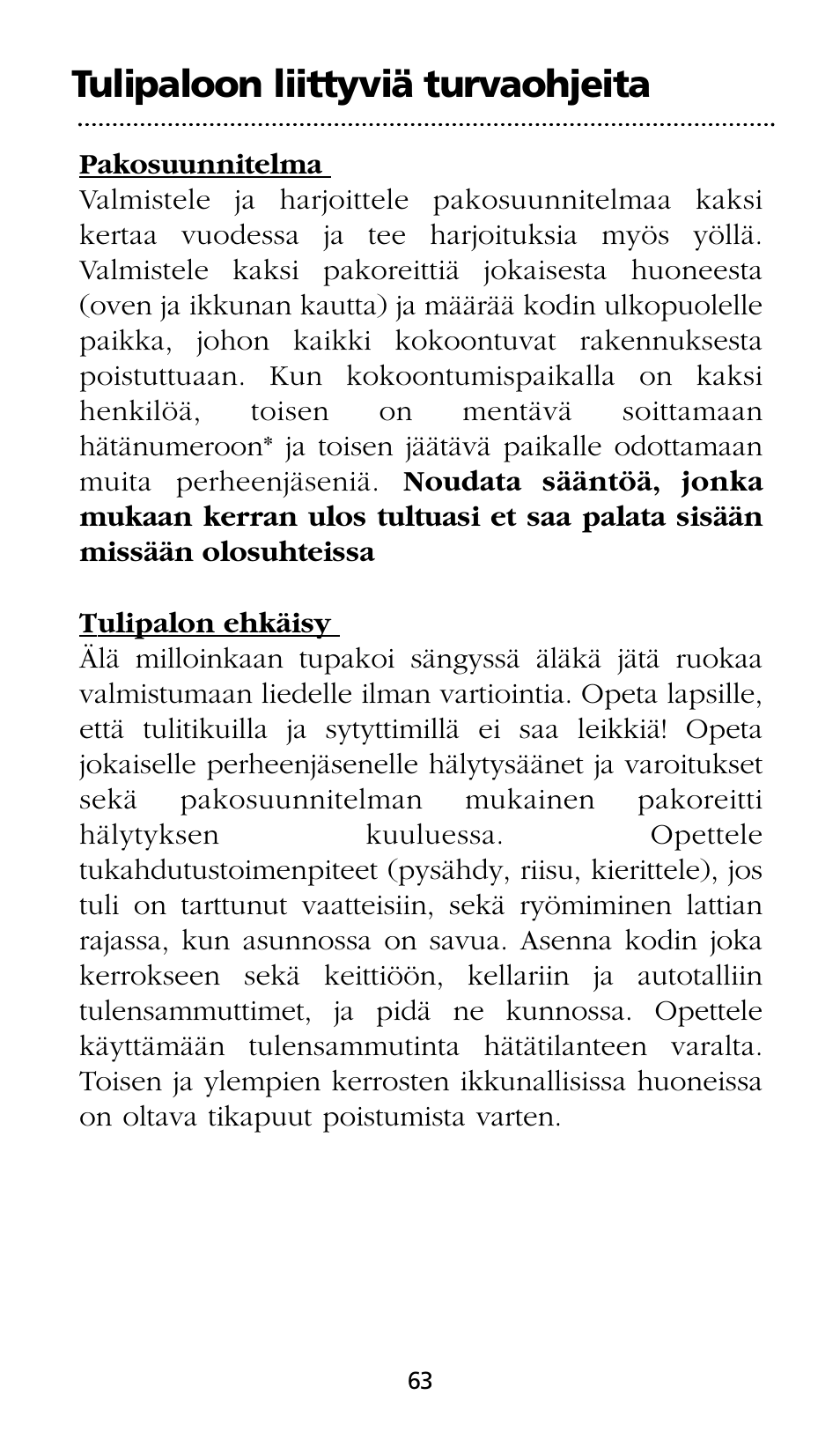 Tulipaloon liittyviä turvaohjeita | Kidde SMOKE AND CARBON MONOXIDE ALARM User Manual | Page 63 / 106