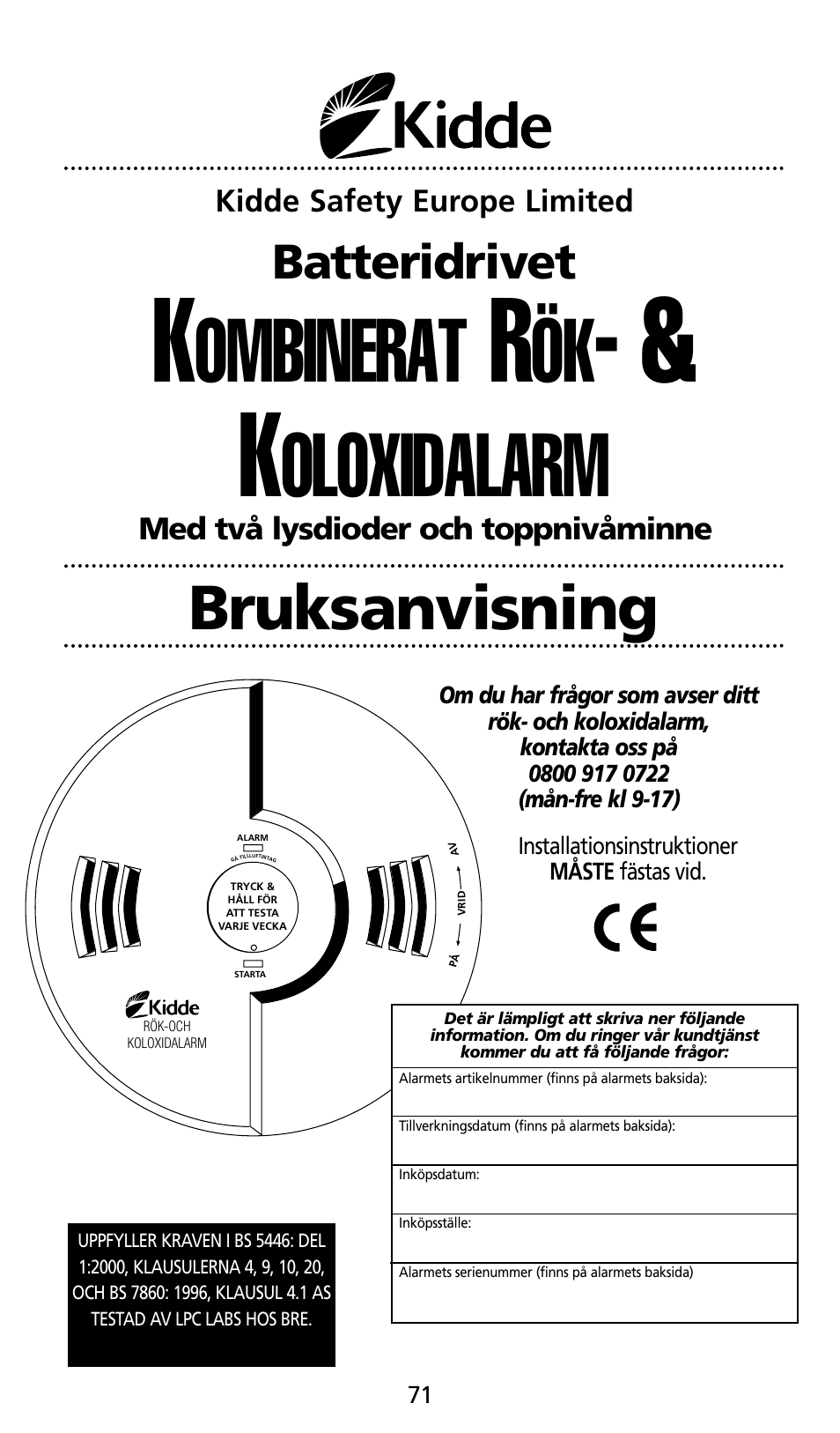 Ombinerat, Oloxidalarm, Bruksanvisning | Batteridrivet | Kidde SMOKE AND CARBON MONOXIDE ALARM User Manual | Page 71 / 106