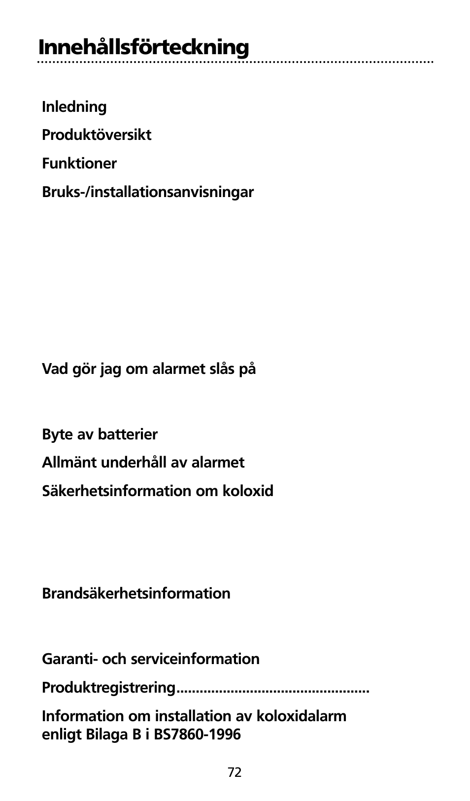 Innehållsförteckning | Kidde SMOKE AND CARBON MONOXIDE ALARM User Manual | Page 72 / 106