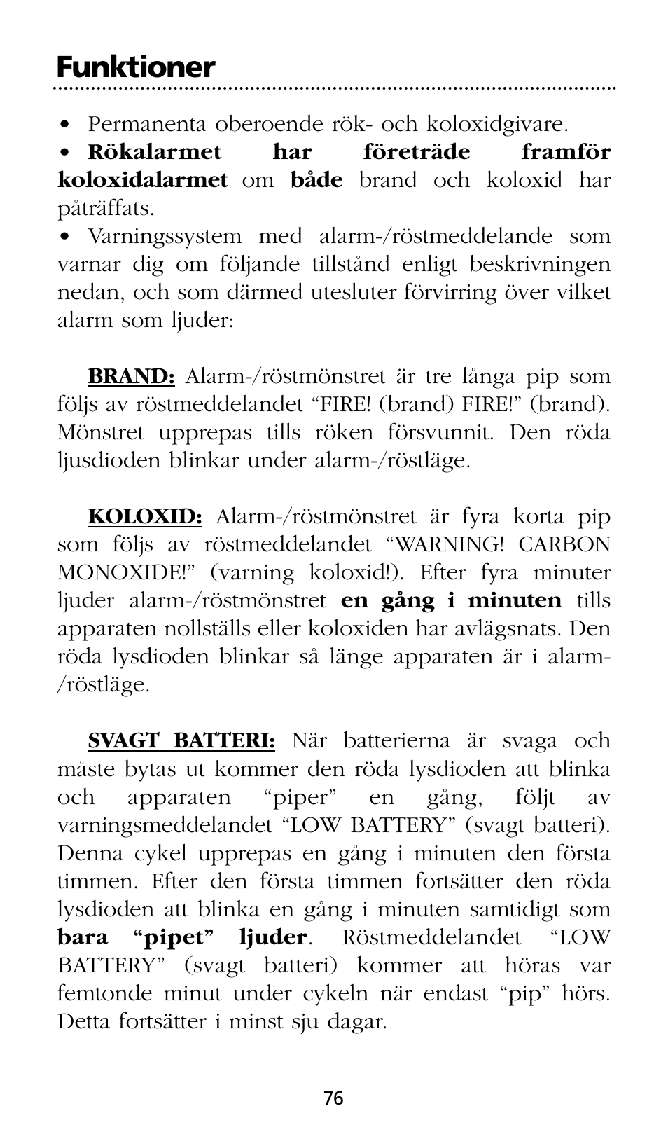 Funktioner | Kidde SMOKE AND CARBON MONOXIDE ALARM User Manual | Page 76 / 106