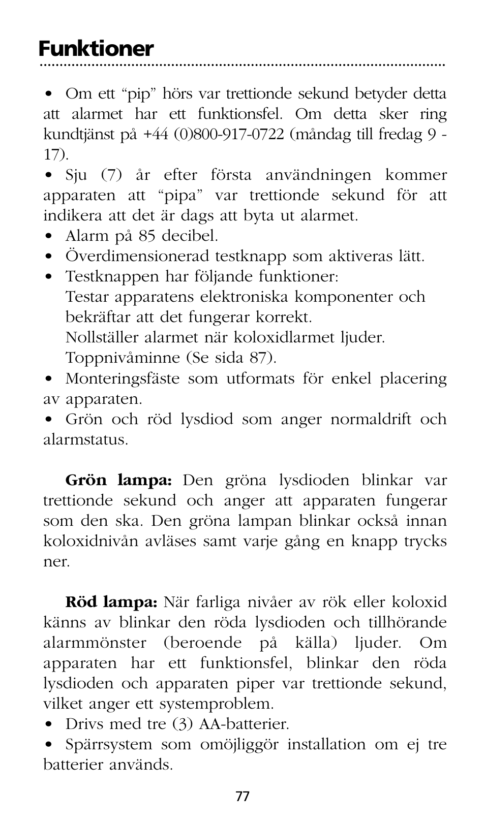 Funktioner | Kidde SMOKE AND CARBON MONOXIDE ALARM User Manual | Page 77 / 106