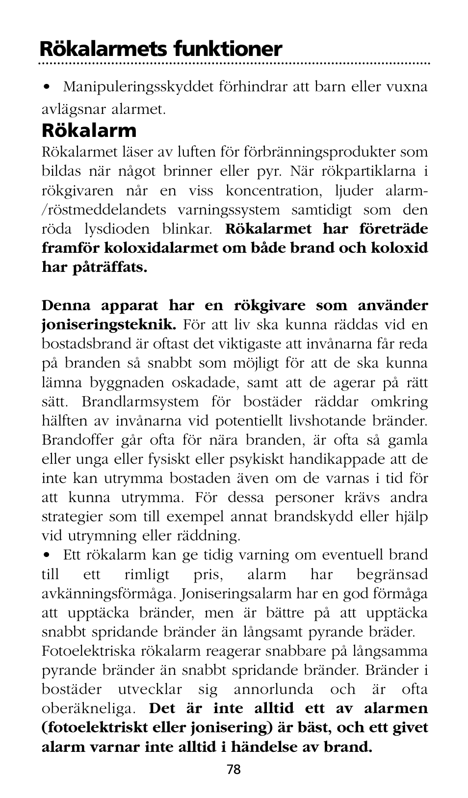 Rökalarmets funktioner, Rökalarm | Kidde SMOKE AND CARBON MONOXIDE ALARM User Manual | Page 78 / 106