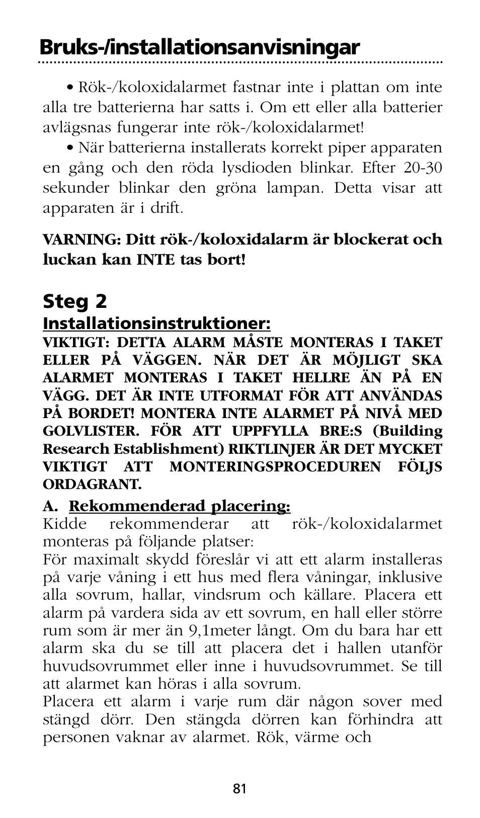 Bruks-/installationsanvisningar, Steg 2 | Kidde SMOKE AND CARBON MONOXIDE ALARM User Manual | Page 81 / 106