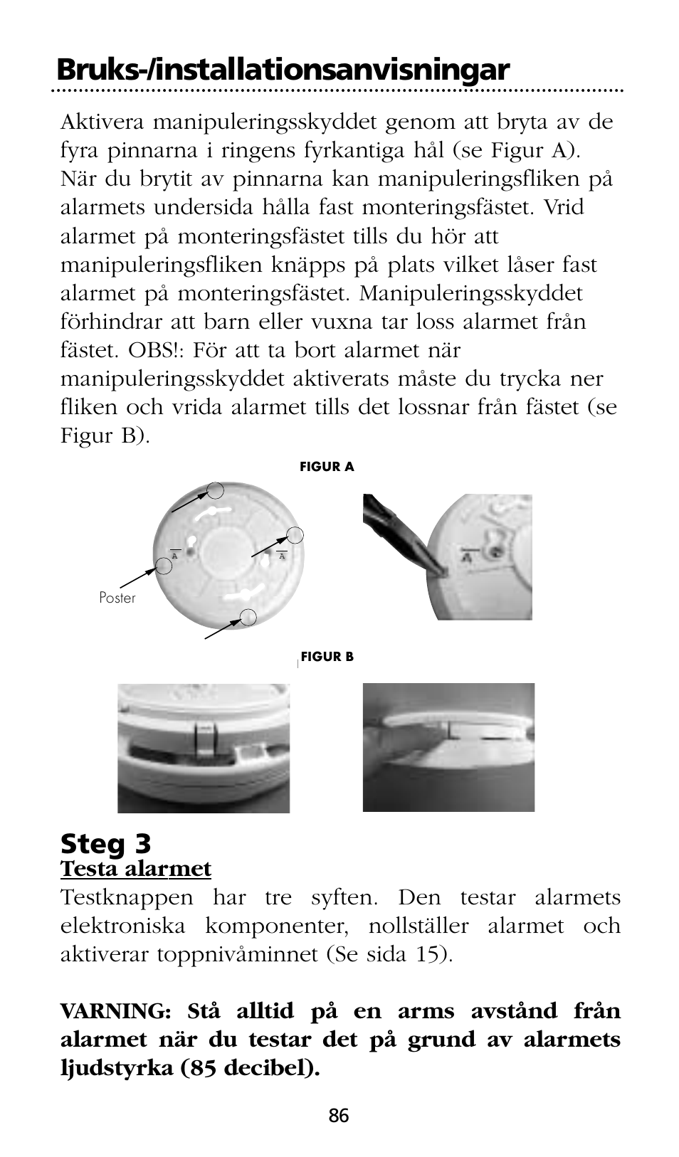 Bruks-/installationsanvisningar, Steg 3 | Kidde SMOKE AND CARBON MONOXIDE ALARM User Manual | Page 86 / 106