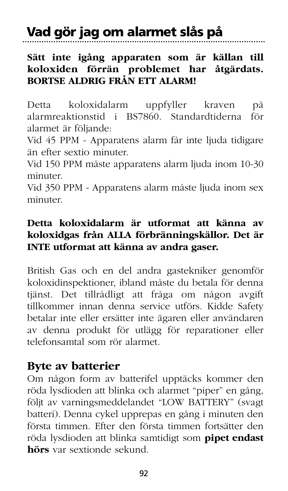 Vad gör jag om alarmet slås pе, Byte av batterier | Kidde SMOKE AND CARBON MONOXIDE ALARM User Manual | Page 92 / 106