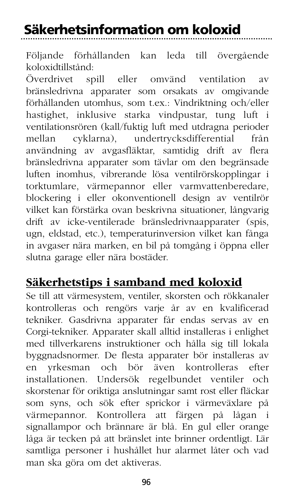 Säkerhetsinformation om koloxid, Säkerhetstips i samband med koloxid | Kidde SMOKE AND CARBON MONOXIDE ALARM User Manual | Page 96 / 106