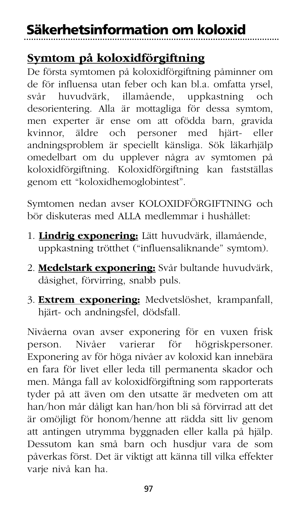 Säkerhetsinformation om koloxid, Symtom på koloxidförgiftning | Kidde SMOKE AND CARBON MONOXIDE ALARM User Manual | Page 97 / 106