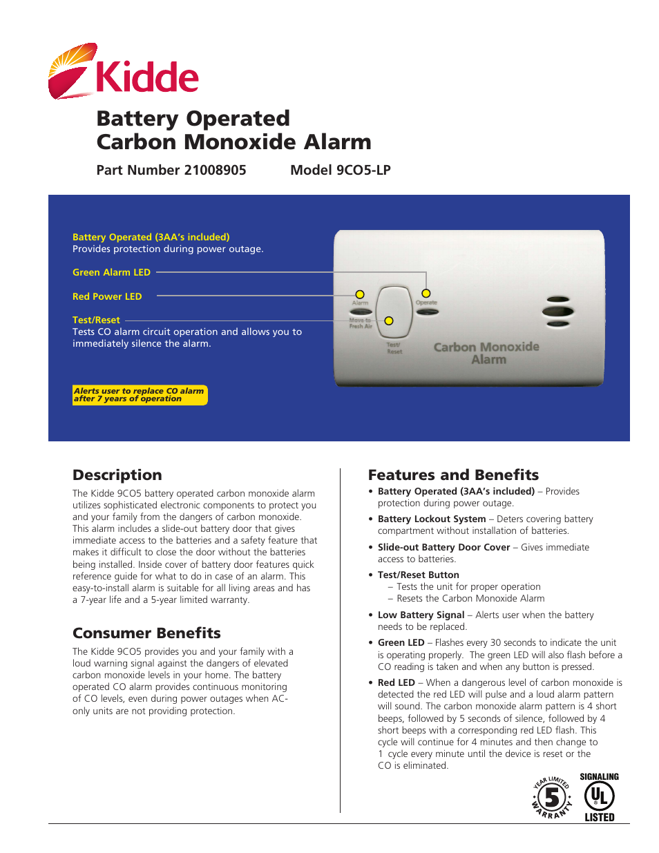 Kidde 9CO5-LP User Manual | 2 pages