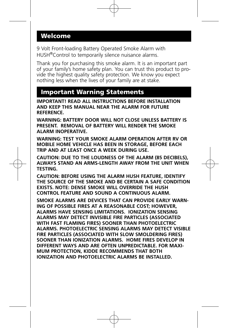 Welcome, Important warning statements | Kidde I9070 User Manual | Page 3 / 17
