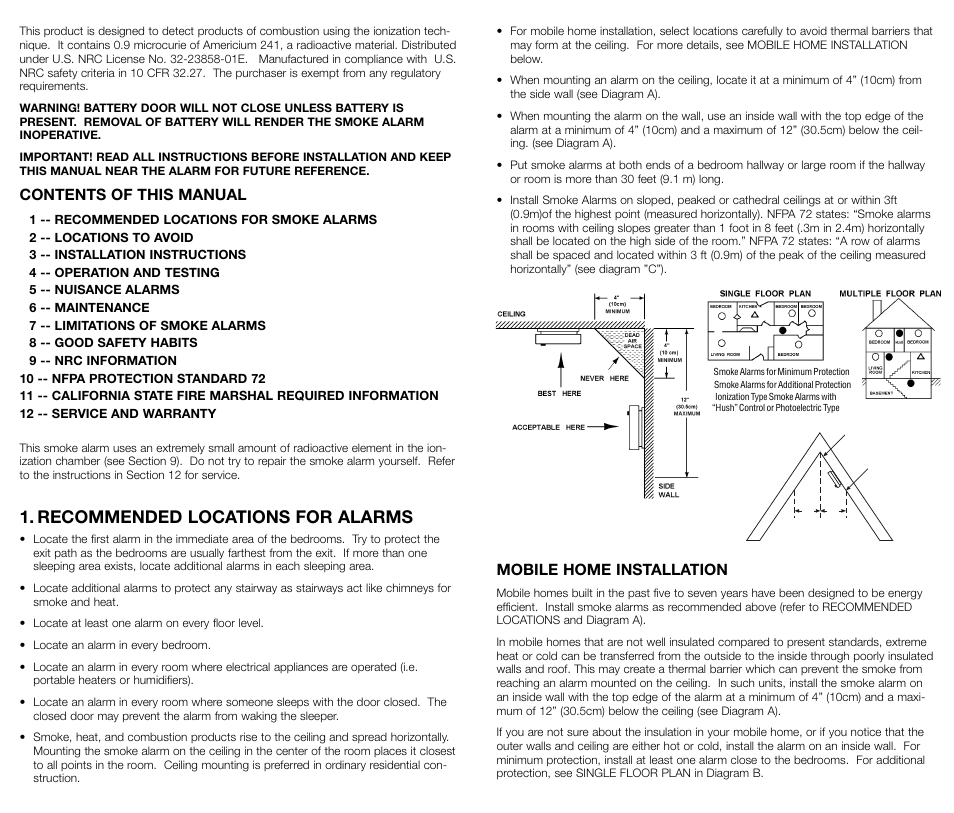 Recommended locations for alarms, Contents of this manual, Mobile home installation | Kidde 440374 User Manual | Page 2 / 6