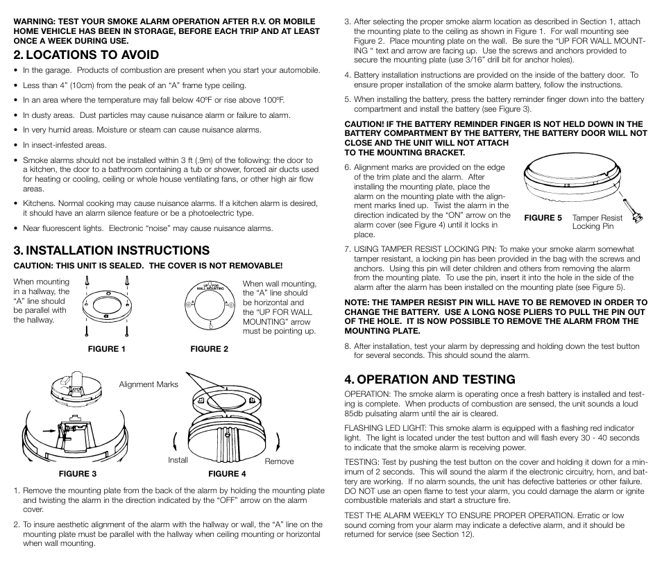 Locations to avoid, Installation instructions, Operation and testing | Kidde 440374 User Manual | Page 3 / 6