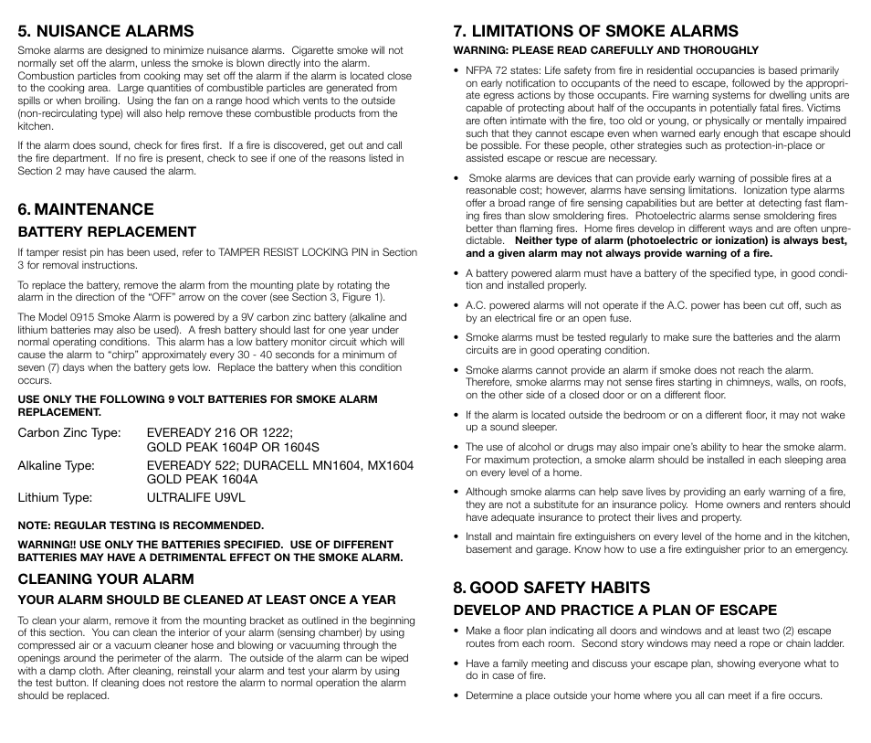 Nuisance alarms, Maintenance, Limitations of smoke alarms | Good safety habits | Kidde 440374 User Manual | Page 4 / 6