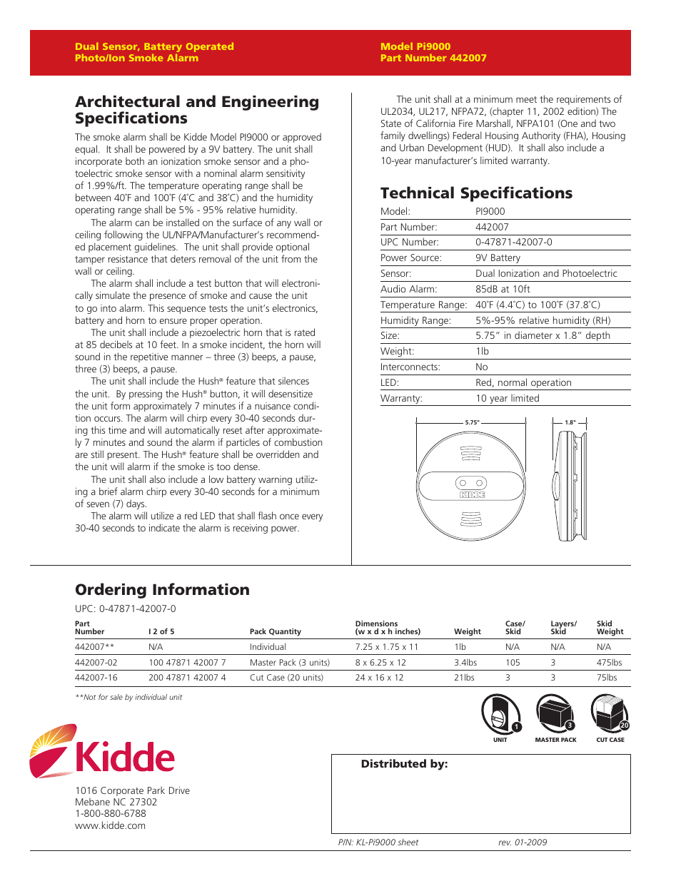 Architectural and engineering specifications, Technical specifications, Ordering information | Pi9000 | Kidde PI9000 User Manual | Page 2 / 2