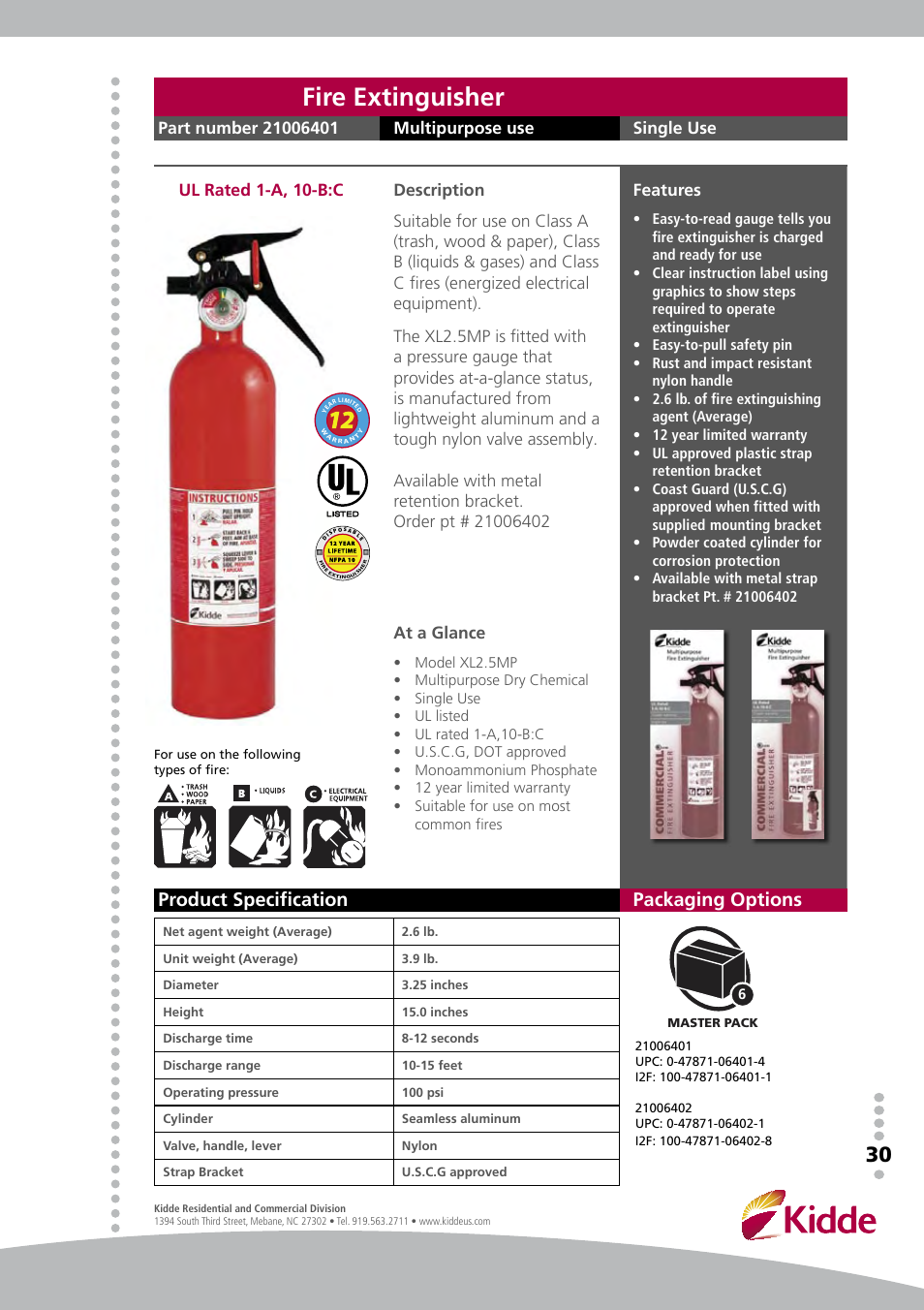 Service lite fire extinguisher, Product specification, Packaging options | At a glance, Multipurpose use, Single use, Features | Kidde XL2.5MP User Manual | Page 3 / 4