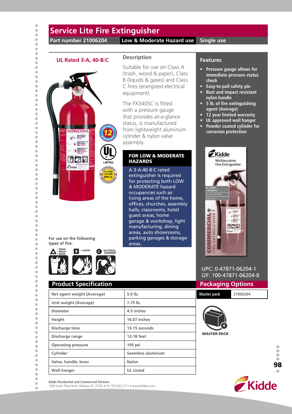 Service lite fire extinguisher, Product specification, Packaging options | Low & moderate hazard use, Single use, Features | Kidde XL2.5MP User Manual | Page 4 / 4