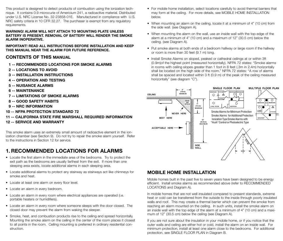 Recommended locations for alarms, Contents of this, Mobile home installation | Kidde 0914 User Manual | Page 2 / 6