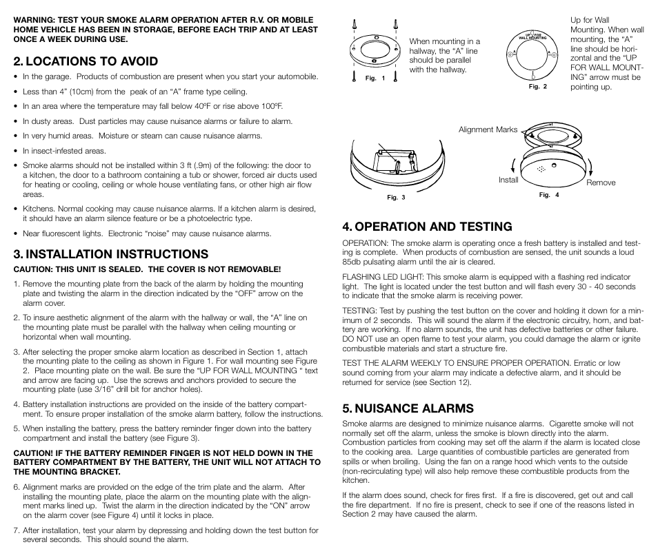 Locations to avoid, Installation instructions, Operation and testing | Nuisance alarms | Kidde 0914 User Manual | Page 3 / 6