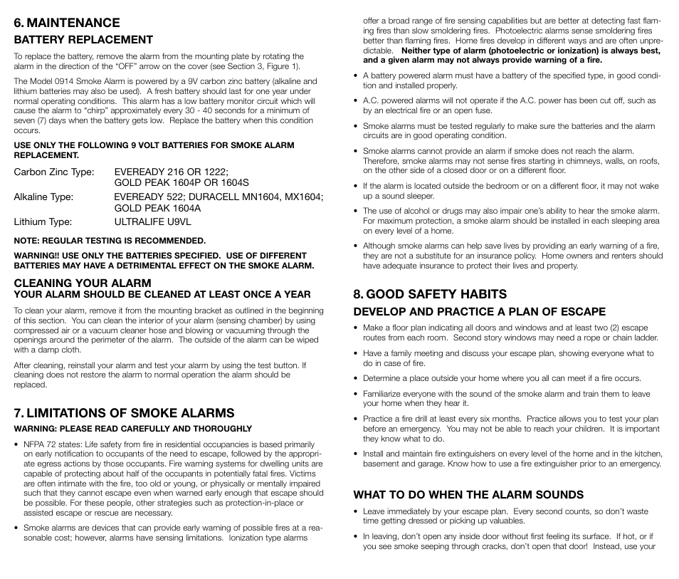 Maintenance, Limitations of smoke alarms, Good safety habits | Kidde 0914 User Manual | Page 4 / 6