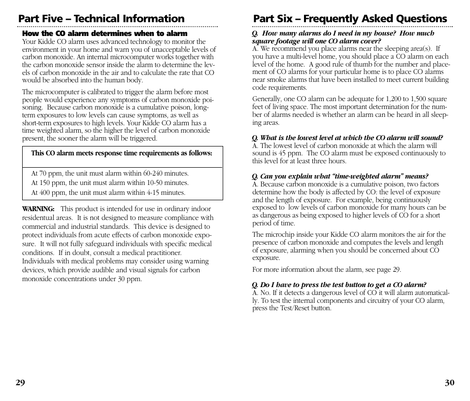 Part six – frequently asked questions, Part five – technical information | Kidde KN-COB-DP-H User Manual | Page 16 / 19