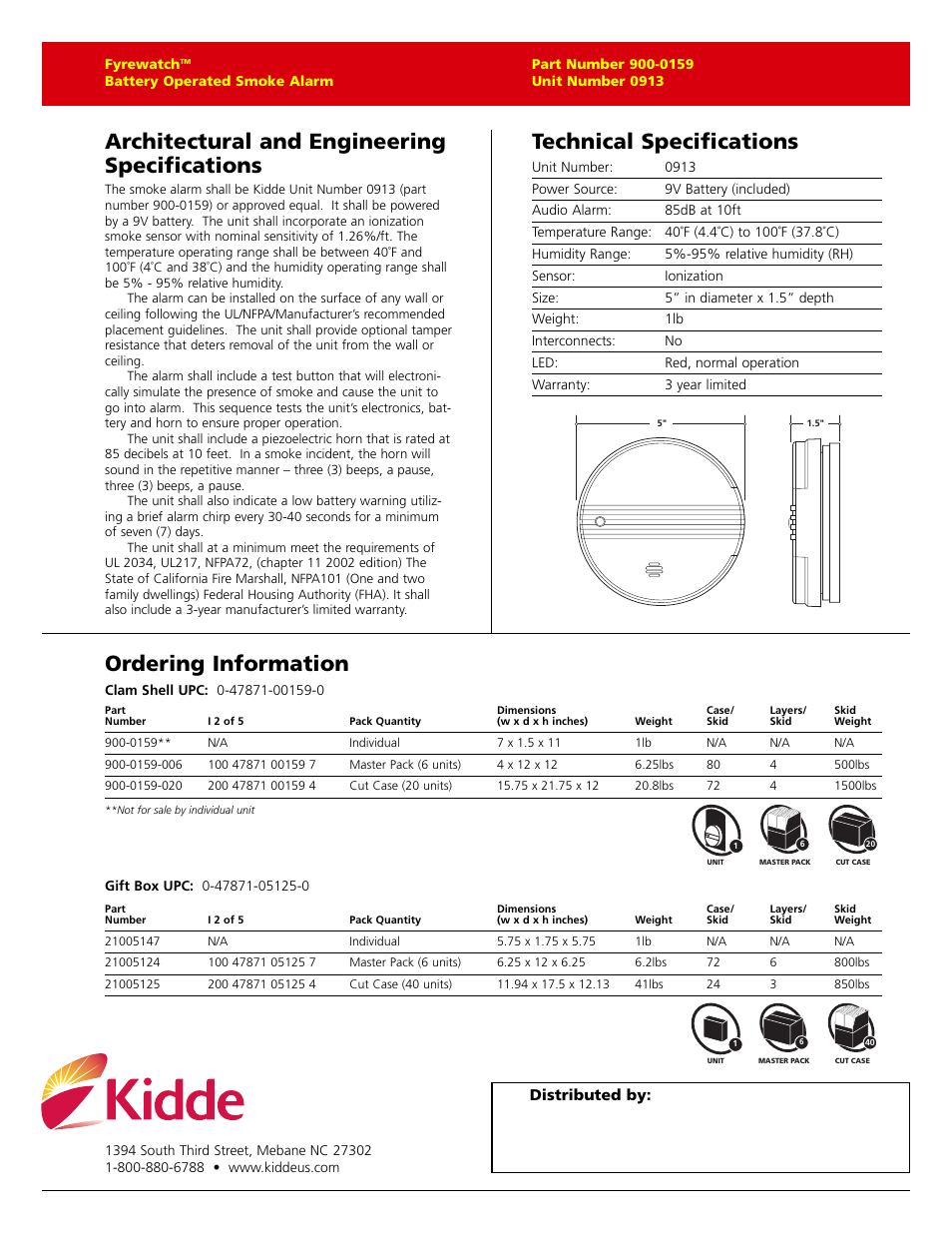 Architectural and engineering specifications, Technical specifications, Ordering information | Kidde Fyrewatch 0913 User Manual | Page 2 / 2