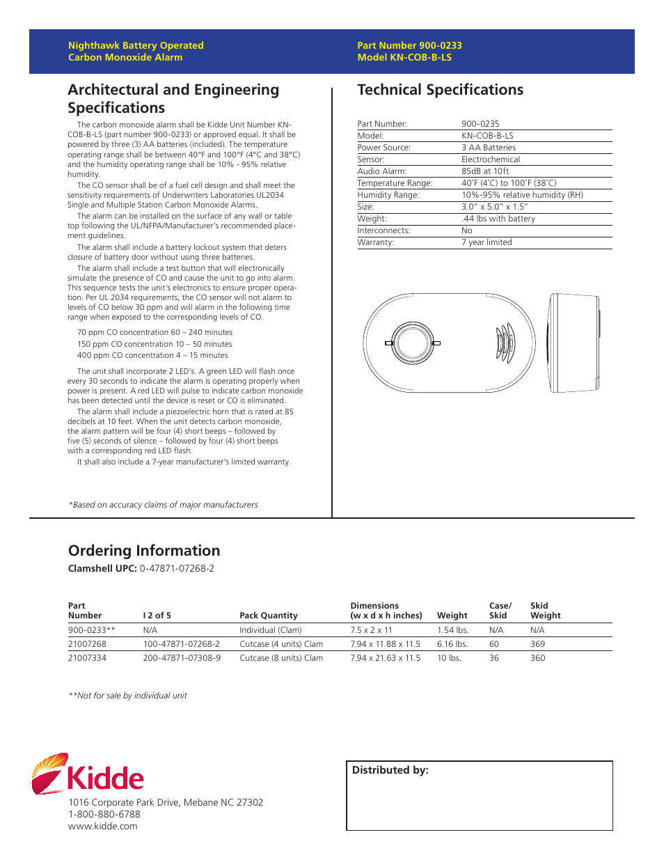 Architectural and engineering specifications, Technical specifications, Ordering information | Kidde KN-COB-B-LS User Manual | Page 2 / 2