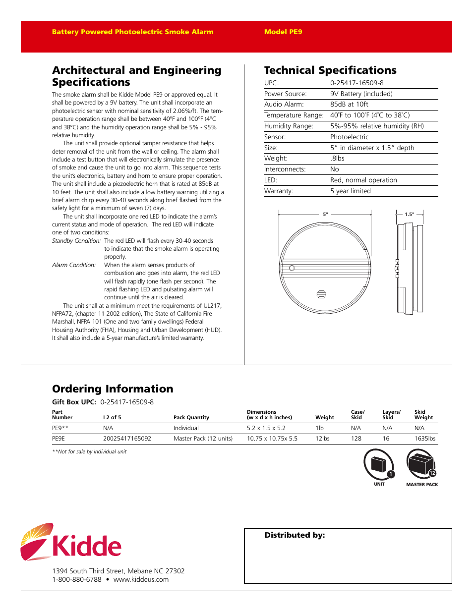 Architectural and engineering specifications, Ordering information, Technical specifications | Kidde PE9 User Manual | Page 2 / 2