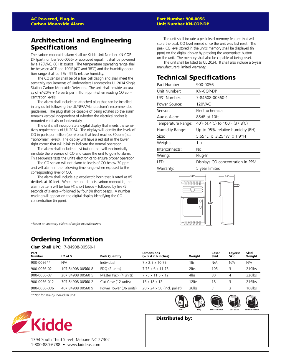 Architectural and engineering specifications, Technical specifications, Ordering information | Kidde KN-COP-DP User Manual | Page 2 / 2