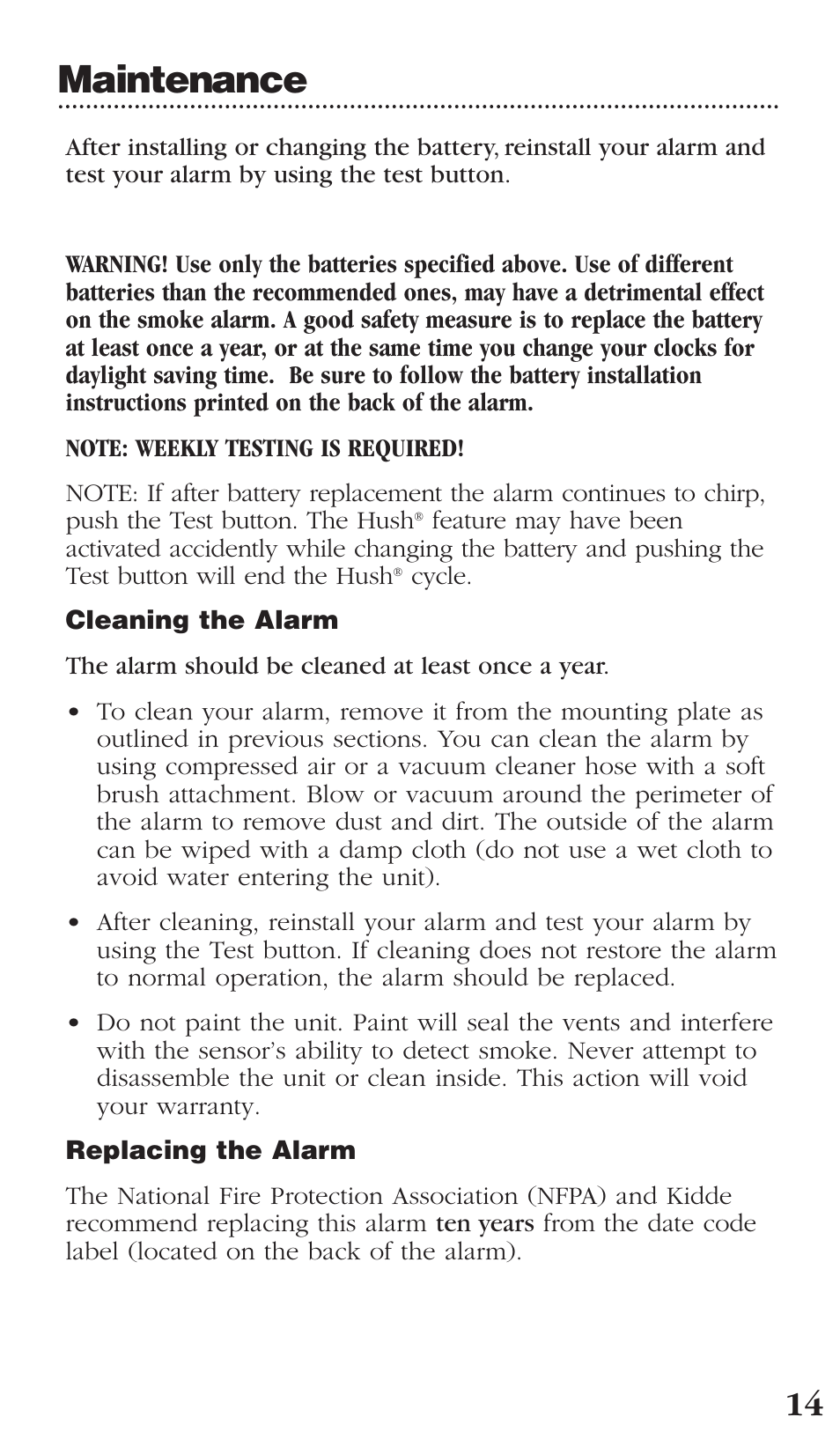 Maintenance | Kidde PI9000CA User Manual | Page 15 / 20