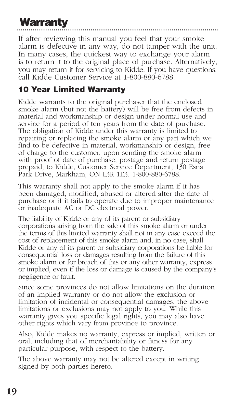 Warranty | Kidde PI9000CA User Manual | Page 20 / 20